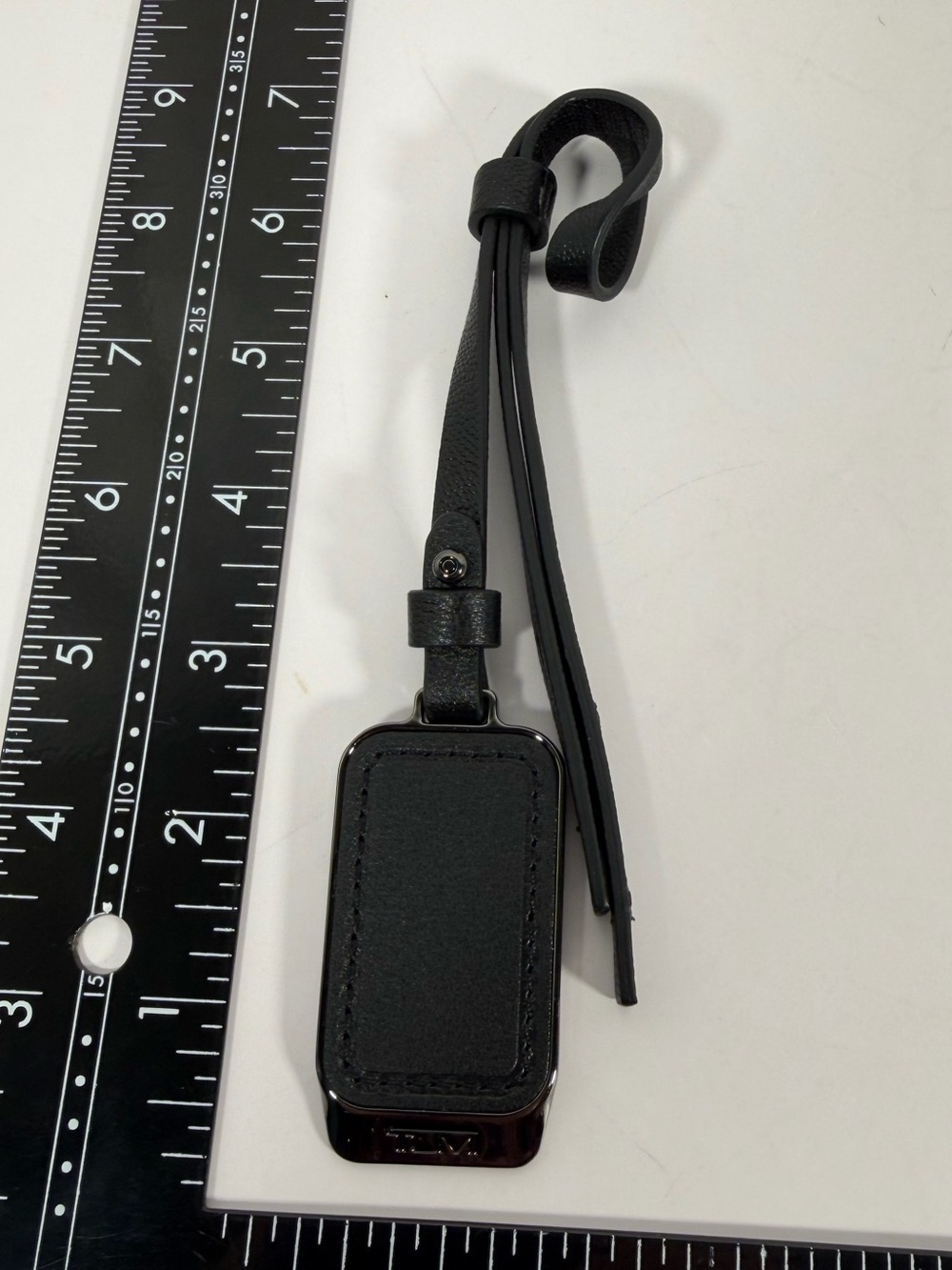 TUMI Black Leather Metal Luggage Tag Bag Charm